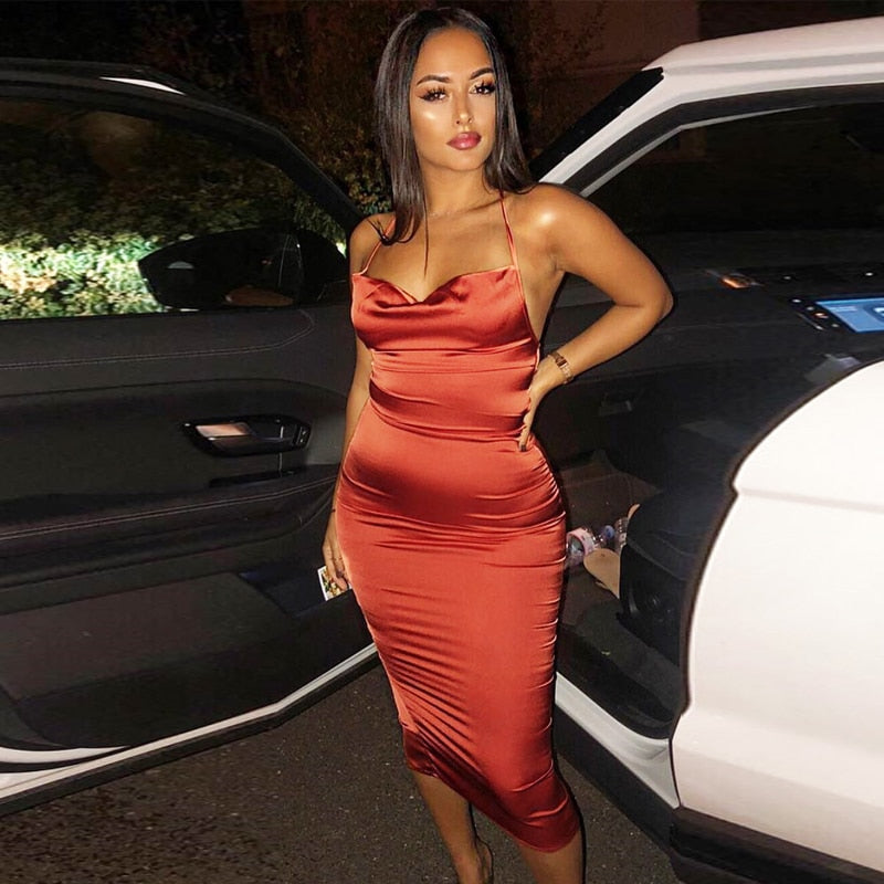 Neon satin lace up women bodycon long midi dress
