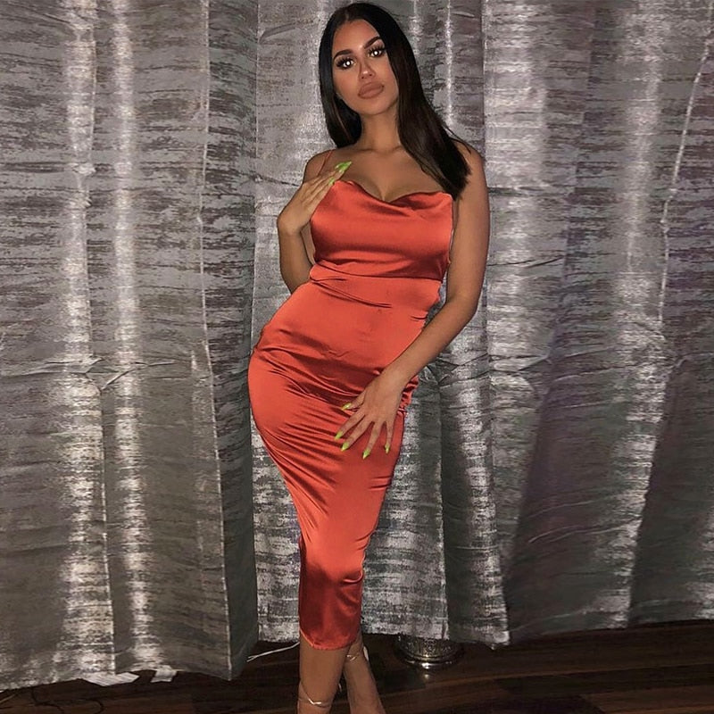 Neon satin lace up women bodycon long midi dress