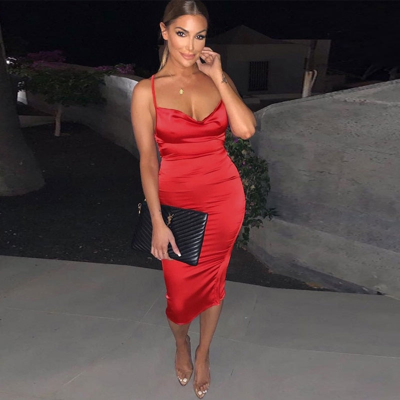 Neon satin lace up women bodycon long midi dress