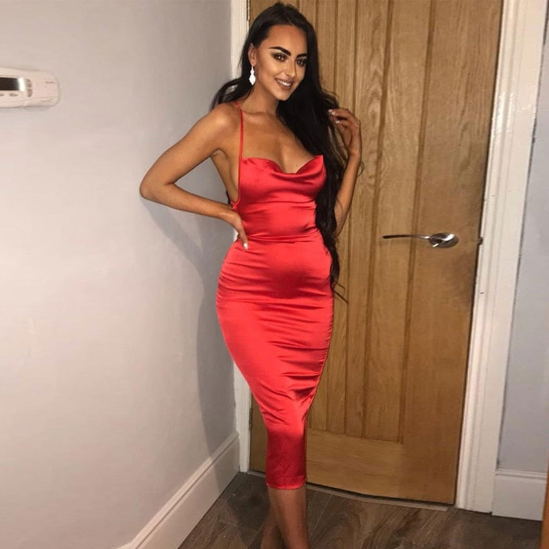 Neon satin lace up women bodycon long midi dress