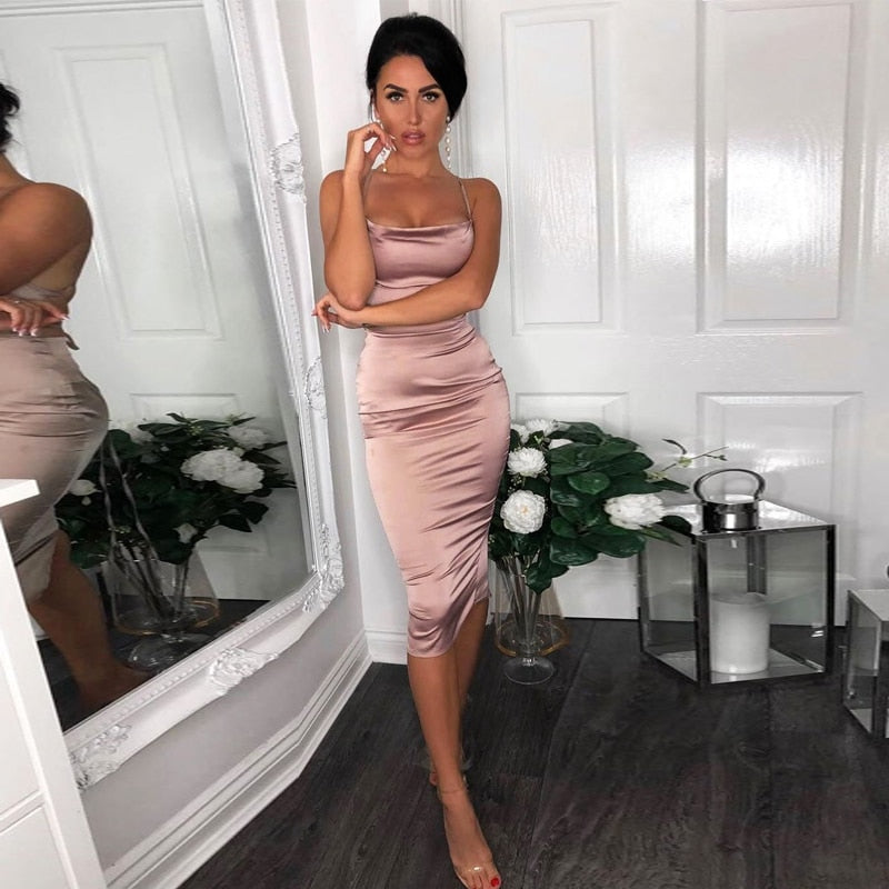 Neon satin lace up women bodycon long midi dress