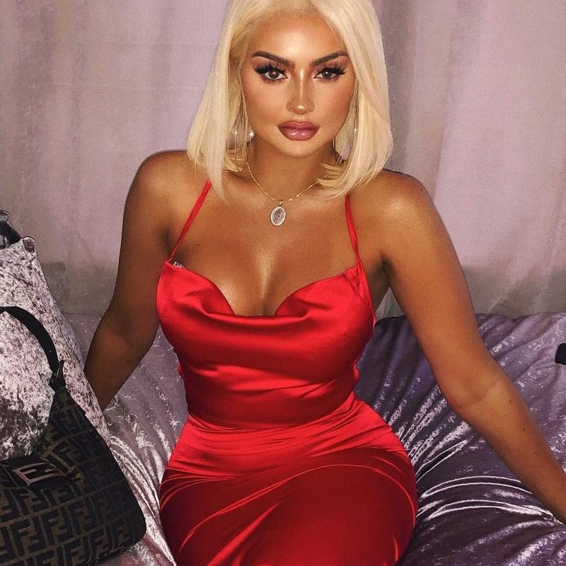 Neon satin lace up women bodycon long midi dress