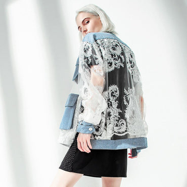 New Spring Summer Stand Collar Long Sleeve Blue Denim Lace Split Joint Big Size Jacket Women