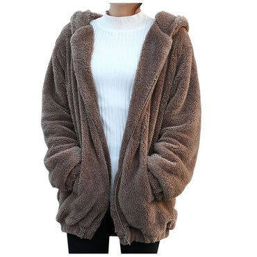New Women Hoodies Zipper Girl Winter Loose Fluffy Bear Ear