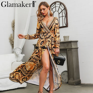 Vintage split sexy boho elegant print maxi dress