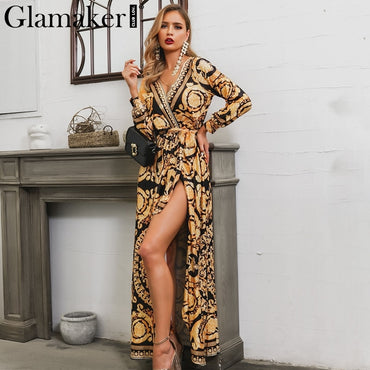 Vintage split sexy boho elegant print maxi dress