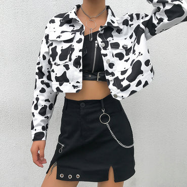 Streetwear Cow Print Cropped Female Jacket Casual Buttons Coat Women