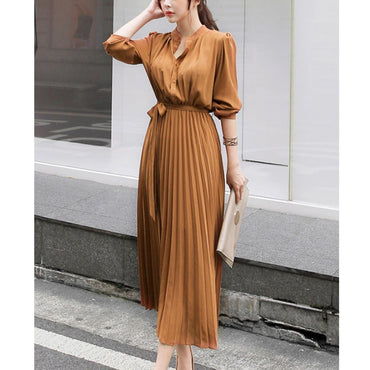 Autumn Pleated Sexy Bodycon Dress Vintage Chiffon Long Sleeve Party Dress