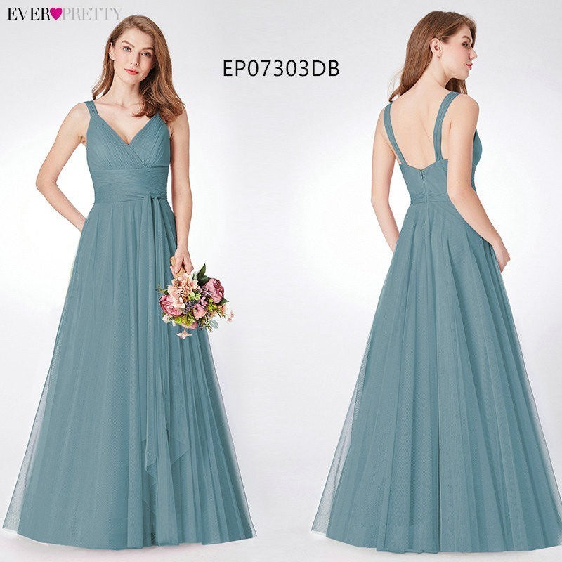 Prom Long Elegant Dress V-neck Sleeveless A-line Tulle Teal Prom Dress