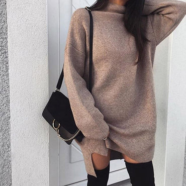 Knitted Dress Women Turtleneck Long Sleeve Loose Mini Dress
