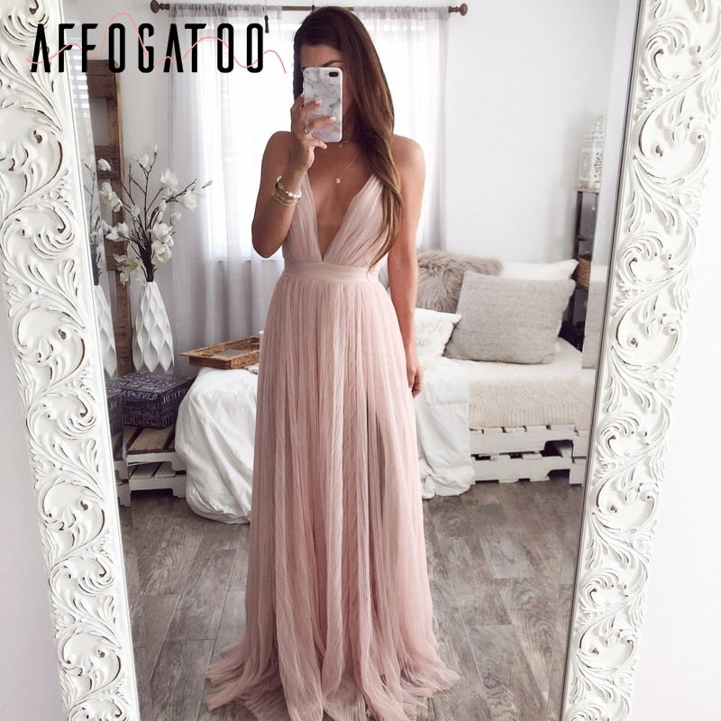 Sexy deep v neck backless  elegant lace evening maxi dress