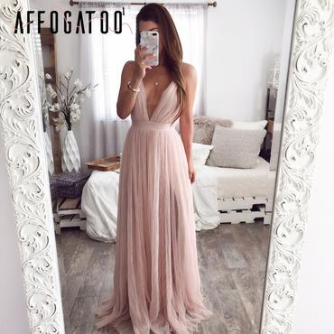 Sexy deep v neck backless  elegant lace evening maxi dress