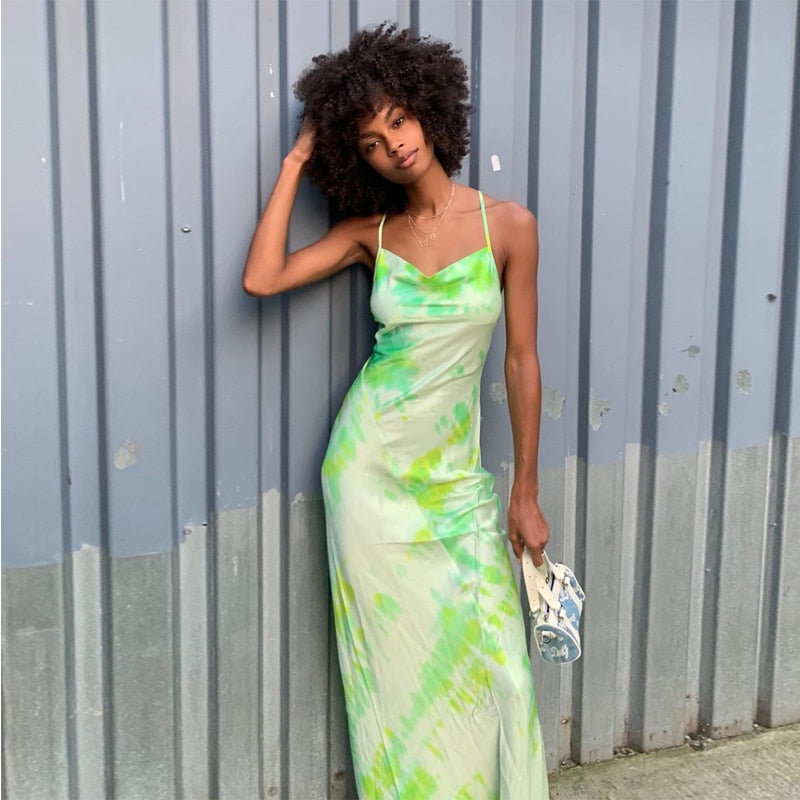 Neon satin lace up women bodycon long midi dress