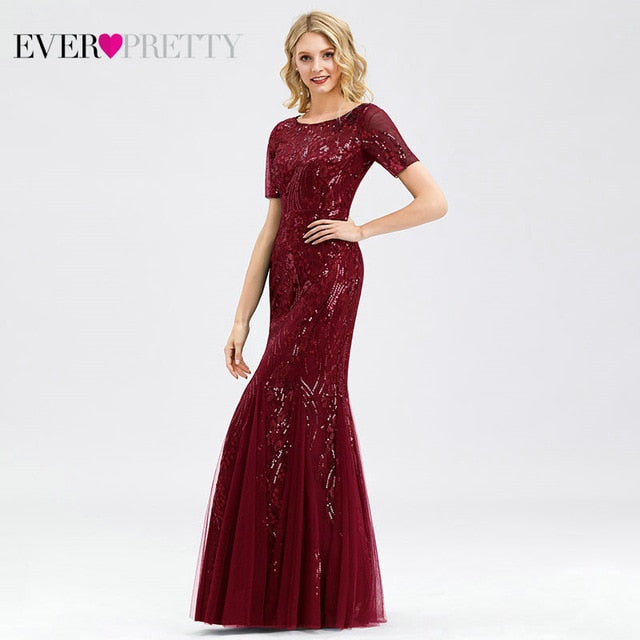 Women Prom Dress Short Sleeve Lace Appliques Tulle Mermaid Long Dress Party Gowns