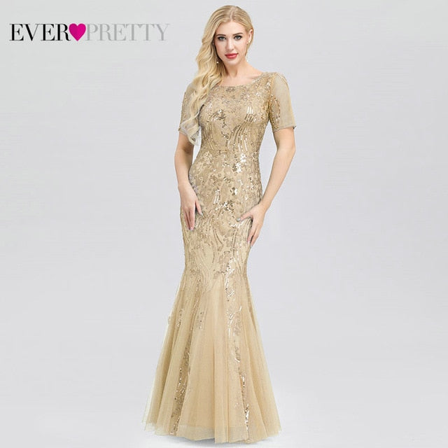 Women Prom Dress Short Sleeve Lace Appliques Tulle Mermaid Long Dress Party Gowns