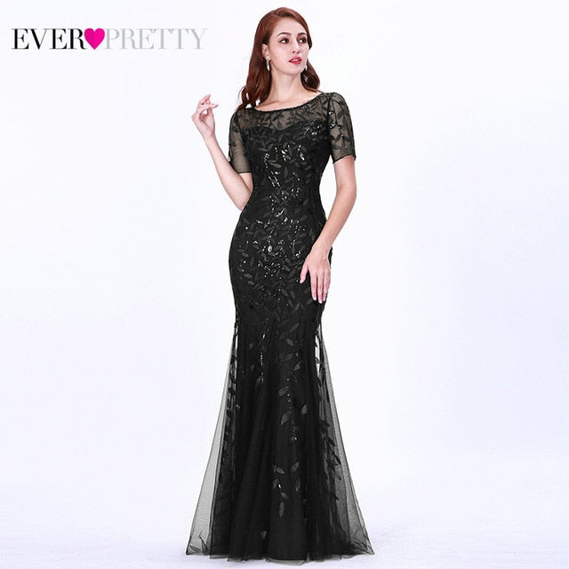 Women Prom Dress Short Sleeve Lace Appliques Tulle Mermaid Long Dress Party Gowns