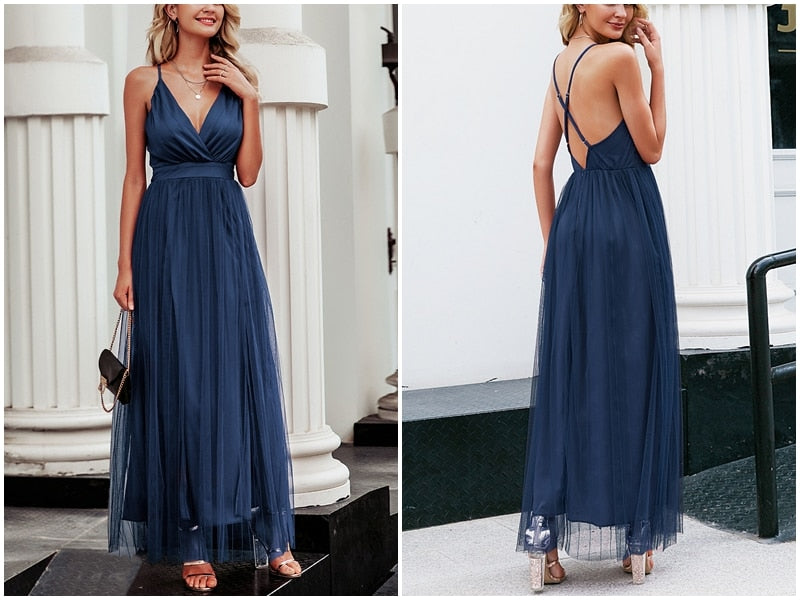 Sexy deep v neck backless  elegant lace evening maxi dress