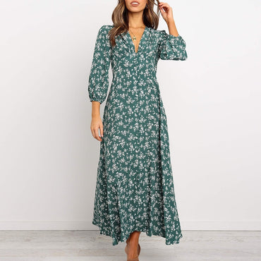 Floral Printed V-neck Single-breasted High Waist Chiffon Long Dress