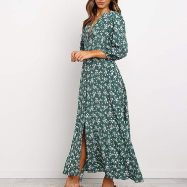 Floral Printed V-neck Single-breasted High Waist Chiffon Long Dress