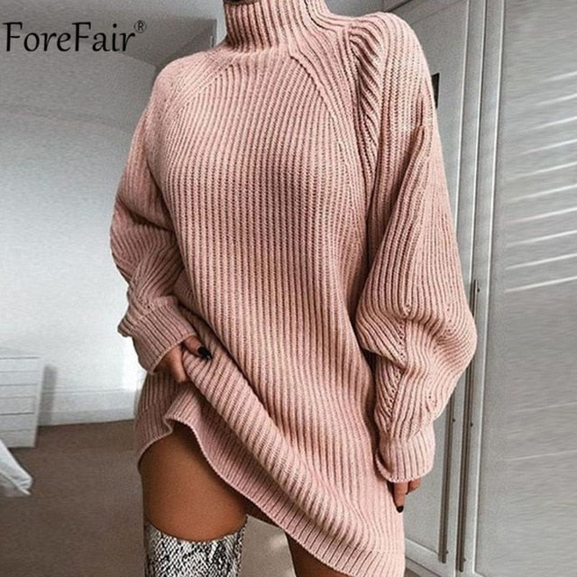 Turtleneck Long Sleeve Sweater Dress Autumn Winter Loose Tunic Knitted