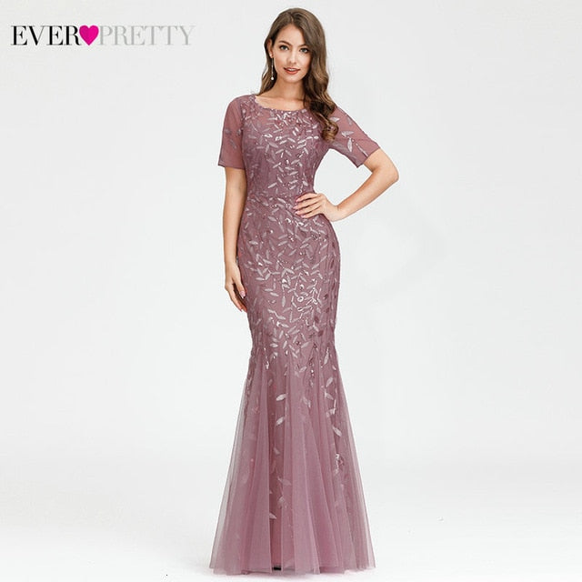 Women Prom Dress Short Sleeve Lace Appliques Tulle Mermaid Long Dress Party Gowns