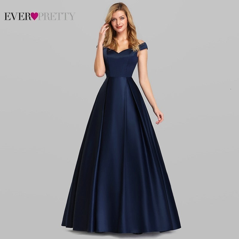 Navy Blue Elegant Women Long Prom Dress Satin A-LIne V-Neck