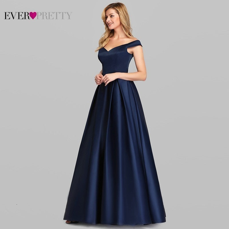 Navy Blue Elegant Women Long Prom Dress Satin A-LIne V-Neck