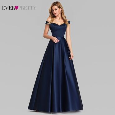 Navy Blue Elegant Women Long Prom Dress Satin A-LIne V-Neck
