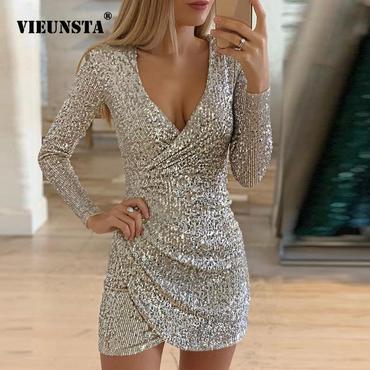 Sexy Silver Glitter Dresses for Women Deep V-Neck Sequin Mini Bodycon Dress
