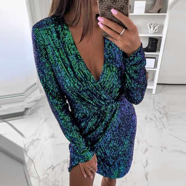 Sexy Silver Glitter Dresses for Women Deep V-Neck Sequin Mini Bodycon Dress