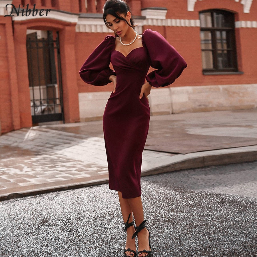 Sexy V Neck off shoulder bodycon elegant midi dress