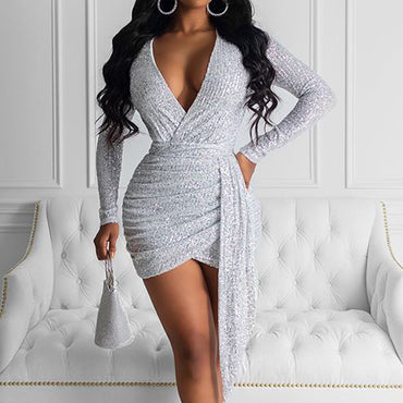 Sexy Deep V-neck Lace-up Slim Bodycon Dress Women Sequined Bright Silk Shiny Mini Dress