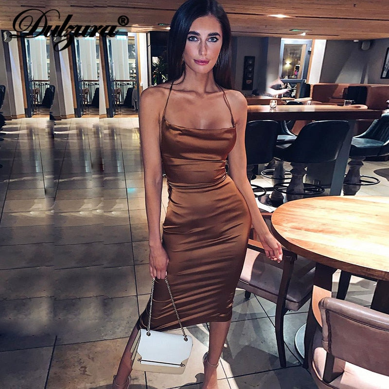 Neon satin lace up women bodycon long midi dress