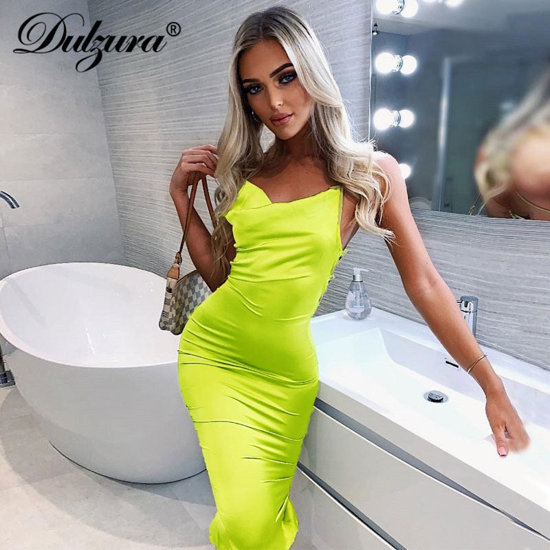Neon satin lace up women bodycon long midi dress