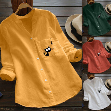 Women Long Sleeve Cotton Linen Kaftan Ladies Baggy Cat Print Shirt