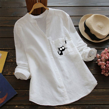 Women Long Sleeve Cotton Linen Kaftan Ladies Baggy Cat Print Shirt