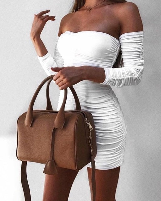 Women Autumn Winter Bandage Dress Sexy Off Shoulder Long Sleeve Slim Elastic