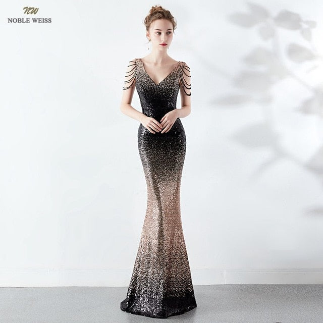 Prom dress v-neck sexy sequin zipper back floor length prom gown evening party dress