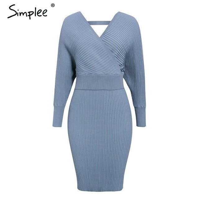 Sexy v-neck women knitted sweater dress