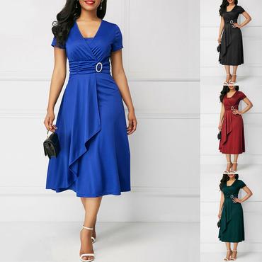 Elegant Women Dress Fashion High Waist Plain Asymmetric Midi Dress