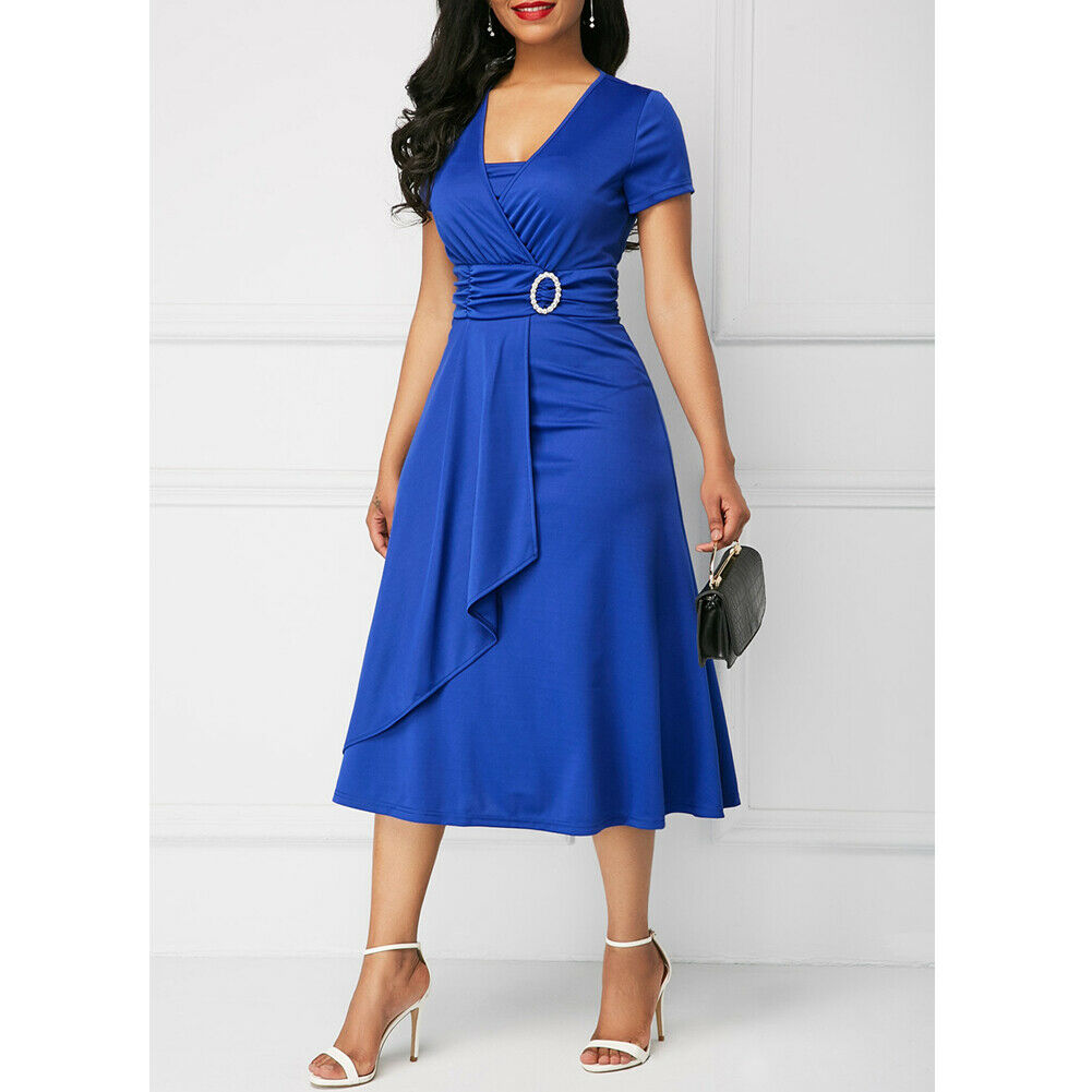Elegant Women Dress Fashion High Waist Plain Asymmetric Midi Dress
