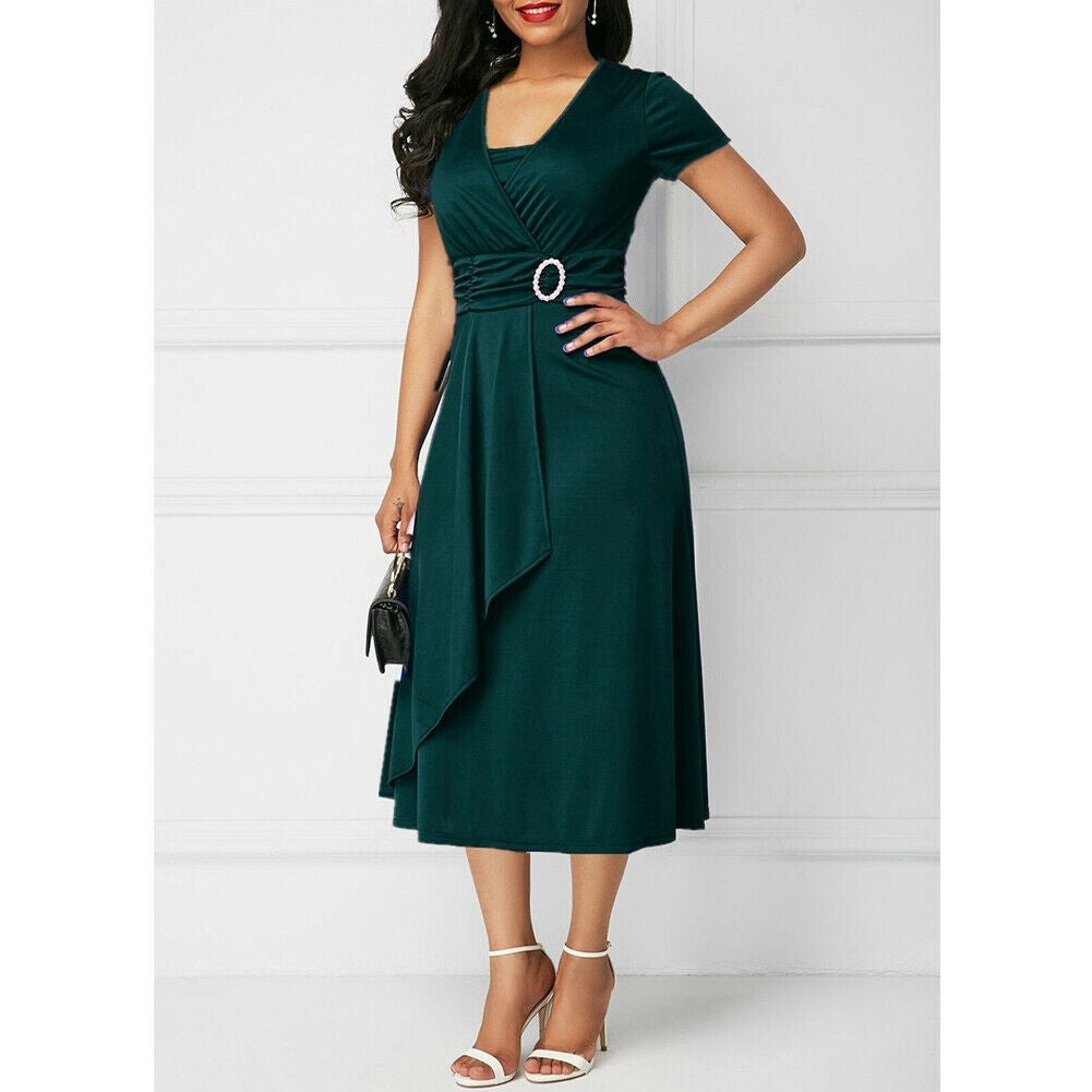 Elegant Women Dress Fashion High Waist Plain Asymmetric Midi Dress