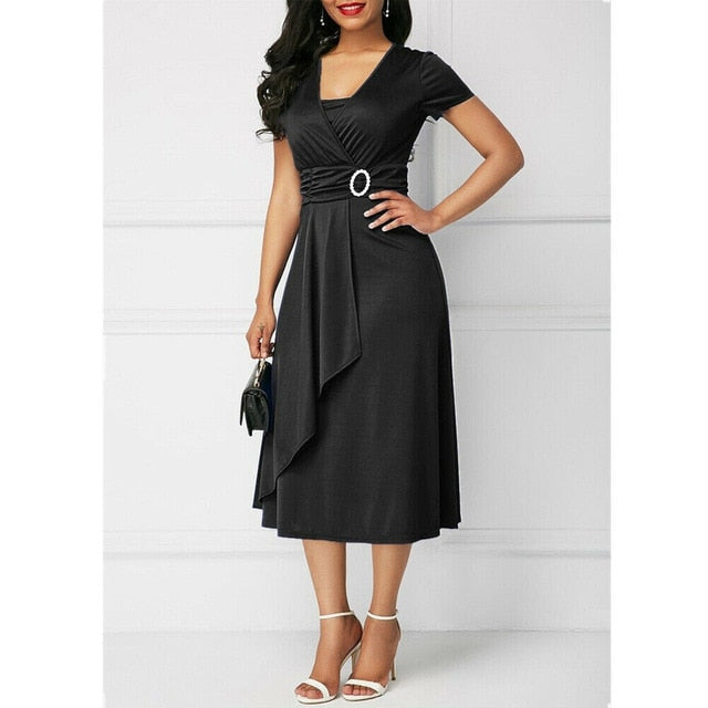 Elegant Women Dress Fashion High Waist Plain Asymmetric Midi Dress