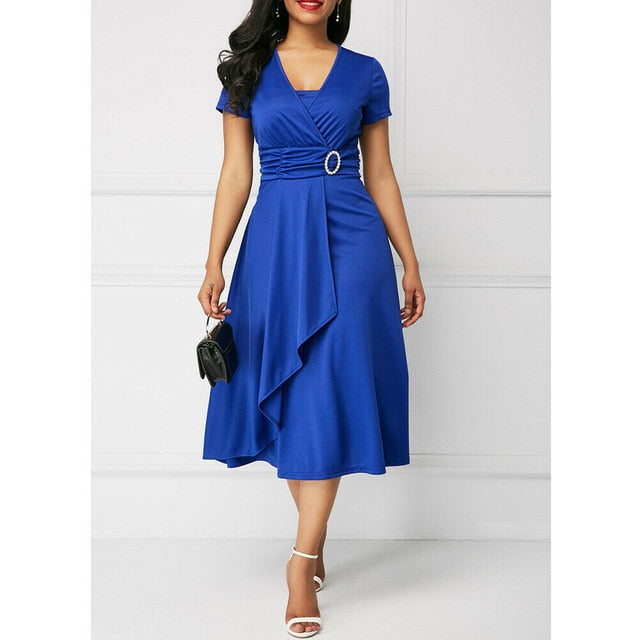 Elegant Women Dress Fashion High Waist Plain Asymmetric Midi Dress