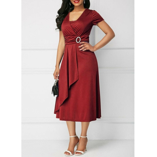 Elegant Women Dress Fashion High Waist Plain Asymmetric Midi Dress