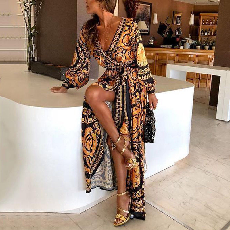 New Style Fashion Elegant Women Sexy Boat Neck Glitter Deep V Neck Print Party Dress