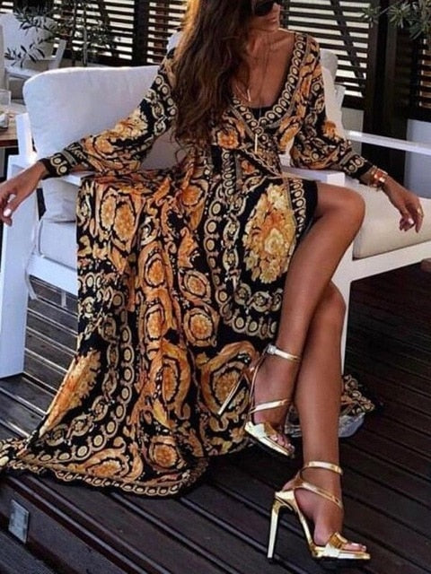New Style Fashion Elegant Women Sexy Boat Neck Glitter Deep V Neck Print Party Dress