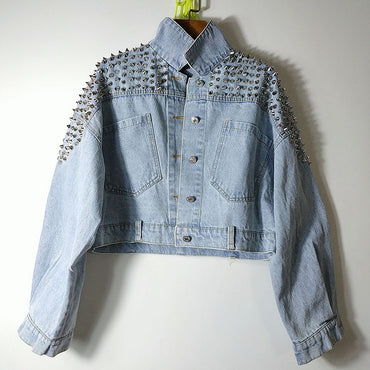 Fashion new bat sleeve heavy work rivet short washed denim jacket female jacket