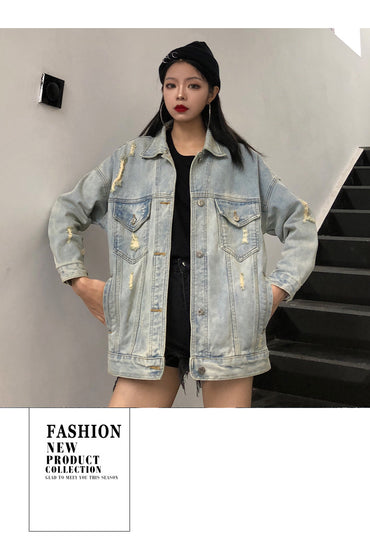 Autumn new denim jacket female retro loose printed coat