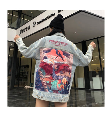Autumn new denim jacket female retro loose printed coat